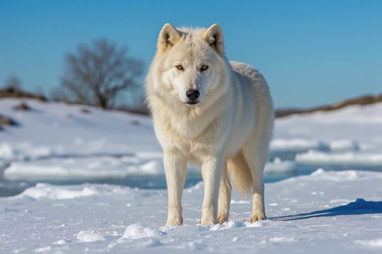 A lone wolf in the springtime tundra