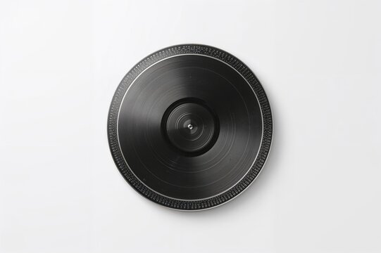 Black and white stylized turntable part on a plain white backdrop. Symbol representing disco music era.