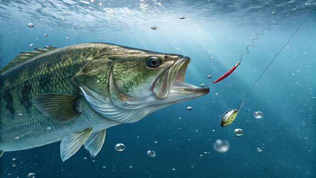 Largemouth bass strikes lure underwater in clear blue water