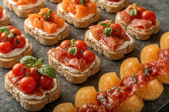 Assorted small bites featuring smoked salmon, cream cheese, and fresh cherry tomatoes