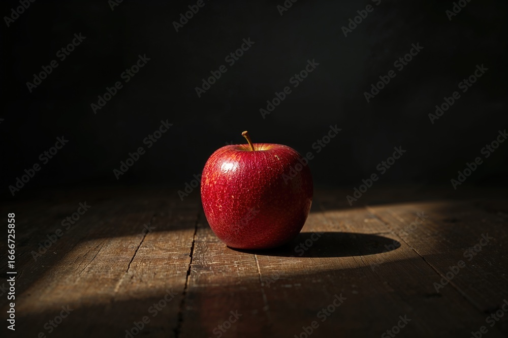 Poster a crimson apple resting on a surface with a dim backdrop and window light