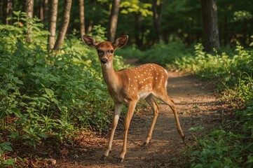 A juvenile deer with a white tail moves across the path