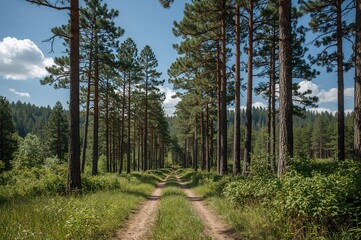 Obraz premium A woodland view featuring evergreen trees and lush grass flanking each side