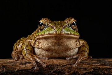 Naklejka premium Close-up of a large bullfrog perched on a piece of wood against a dark backdrop