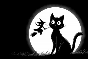 Black cat and witch flying on broomstick with full moon Halloween background.