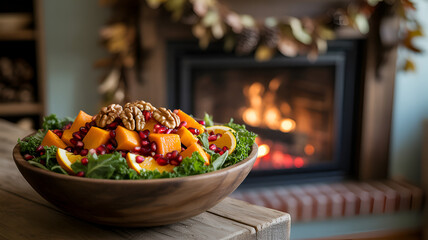 Vibrant autumn salad with walnuts and pomegranate next to a cozy fireplace, perfect for seasonal celebrations.