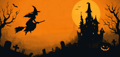 Halloween witch flying over haunted house with pumpkin and spooky graveyard.