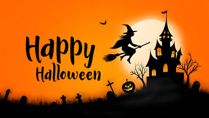 Halloween witch flying over haunted house with pumpkin and spooky graveyard.