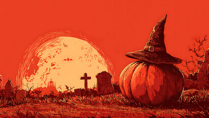 Halloween pumpkin with witch hat and full moon in spooky red graveyard scene.