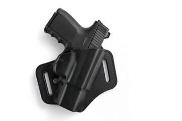 A 9mm pistol secured in a holster.