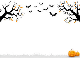 Halloween background with bats and pumpkins decoration, illustration on white background.