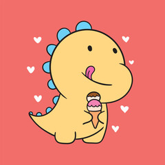Yellow dinosaur cartoon with ice cream and tongue out, kawaii cute character