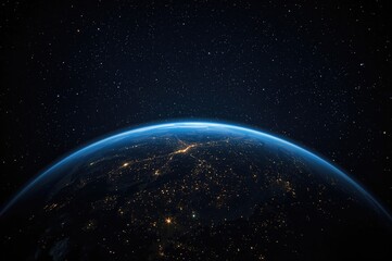 Obraz premium Earth glows vividly in blue, illuminated by yellow city lights beneath a sky full of stars.