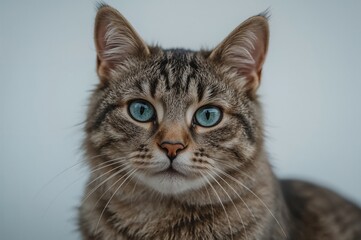 Obraz premium A charming gray tabby feline with striking deep blue eyes, tilting its head slightly with attentive ears.