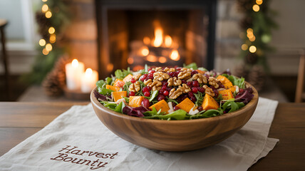 Delicious autumn harvest salad with walnuts and cranberries, perfect for cozy seasonal gatherings by the fire