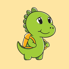 Cute cartoon dinosaur holding yellow bag, kawaii character illustration