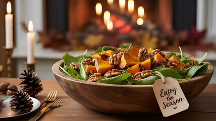 Cozy autumn salad with roasted pumpkin and walnuts perfect for festive holiday gatherings.