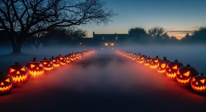Spooky halloween night with glowing pumpkins leading to a haunted house