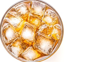 Overhead macro shot of iced coffee glass, mirrorless camera with 35mm lens, sharp focus on ice cubes and milk blend, minimal bright white table visible