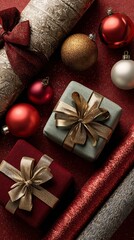 Fototapeta premium Elegant holiday gift boxes with metallic bows nestled among shimmering Christmas ornaments in rich red, gold, and silver tones, creating a luxurious festive composition