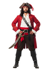 Naklejka premium Full body portrait of a man dressed as a classic red coat pirate holding a sword transparent background