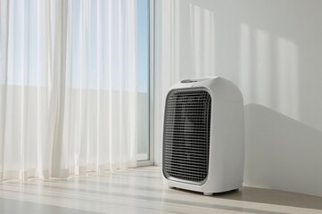 A fan positioned beside an open window.