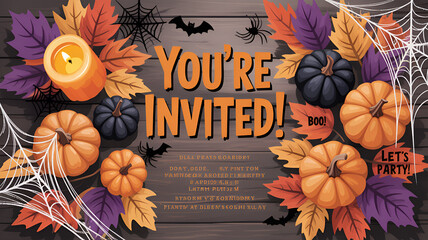 Spooky Halloween invitation with pumpkins, bats, and cobwebs perfect for your haunted party event