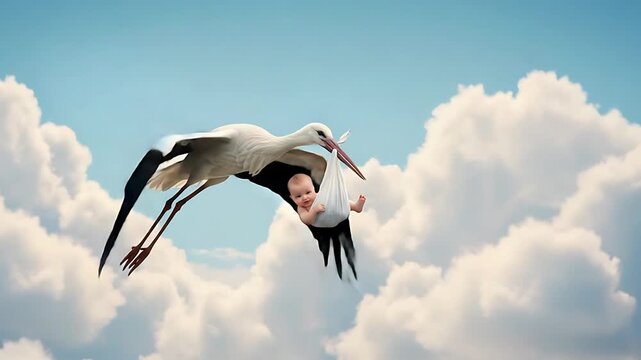 Stork delivering baby in sky with clouds, represents new life and delivery concept animation video