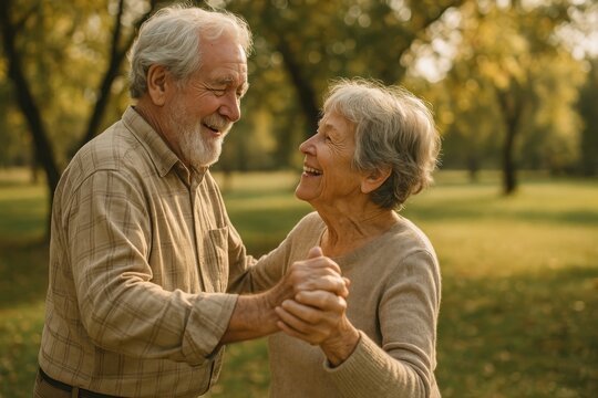 Elderly couple dancing joyfully.