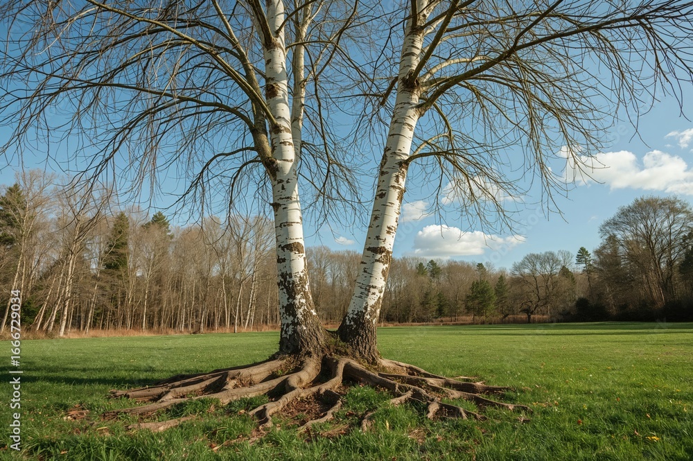 Poster a birch tree with dual trunks creating a v formation and visible roots on the soil.