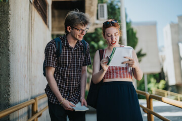 Two young students interact outdoors, surrounded by a school campus.
