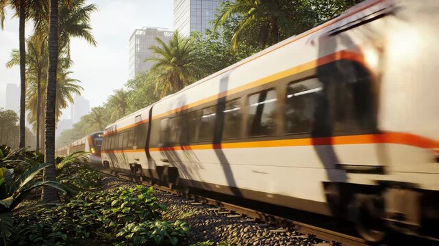 Modern train traveling through a lush tropical landscape with city bui