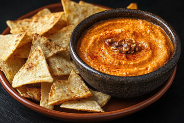 Roasted red pepper and walnut dip served with toasted pita chips