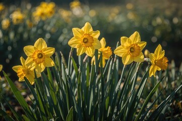 Fototapeta premium Yellow daffodils glowing in early sunlight atop tall green stalks