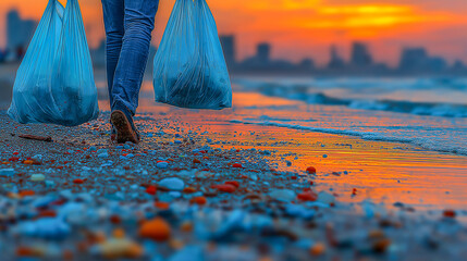 Person Collecting Trash on Beach at Sunset