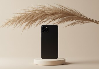 Black smartphone on a pedestal with pampas grass