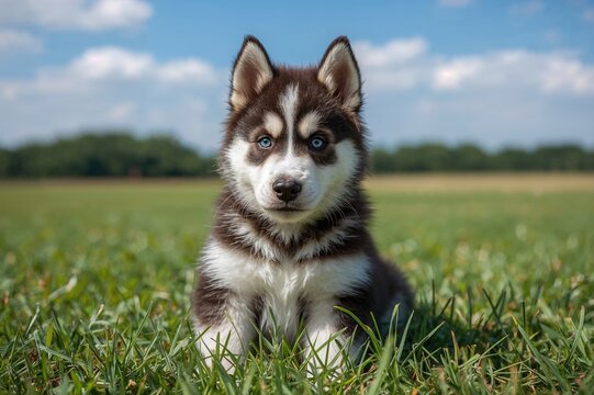 Adorable young husky resting on the lawn