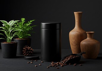 Coffee beans, black container, plants, and wooden vases