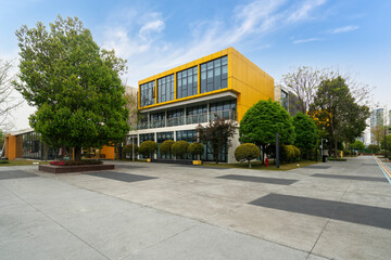 Office building and garden in commercial park,