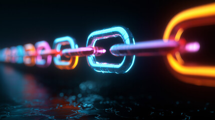 blockchain digital chain links glowing with neon lights, dark futuristic background
