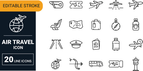 Air travel vector icon set collection with airplane, journey, vacation, airport services and flight transportation design