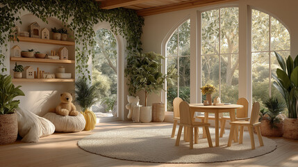 Fototapeta premium Serene Interior: A beautifully designed room flooded with natural light, featuring a harmonious blend of wooden furniture, lush greenery, and a welcoming ambiance. 