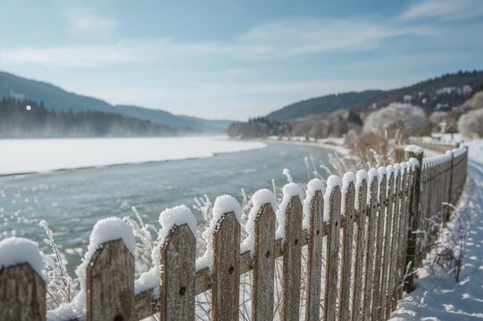 Fototapeta Detailed View of a Frost-Covered Barrier Overlooking a Flowing Waterway