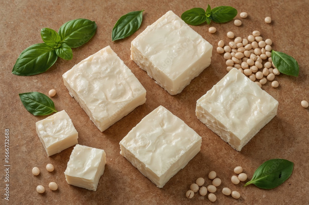 Poster savory tofu with basil and soybeans displayed on a rustic brown surface, overhead view