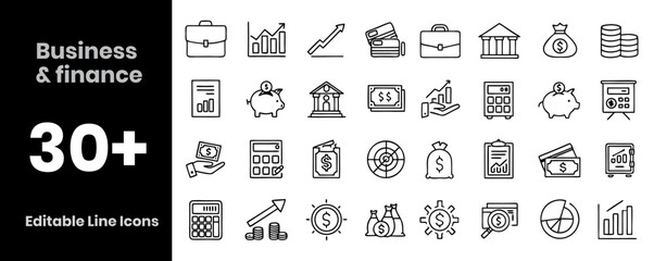 Business and Finance icon set. Containing briefcase, bar chart, handshake, calculator, piggy bank, money bag, presentation board, coins, dollar sign, credit card, bank building, growth arrow, invest