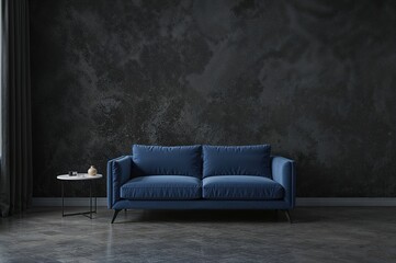Elegant lounge featuring a compact navy blue sofa and a stylish accent wall with rich black textured plaster or silk finish. Contemporary dark home decor. Art mockup.