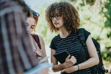 A group of students collaborating and reviewing notes outdoors. Ideal for concepts of education,...
