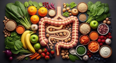 Healthy gut microbiome ecosystem vibrant fruits vegetables seeds and grains for digestive wellness