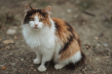 Multicolored feline resting on the floor
