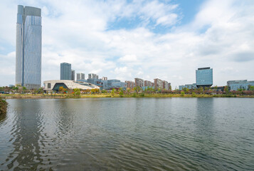 Obraz premium Empty Square and City Skyline, Xinglong Lake Park, Chengdu, China